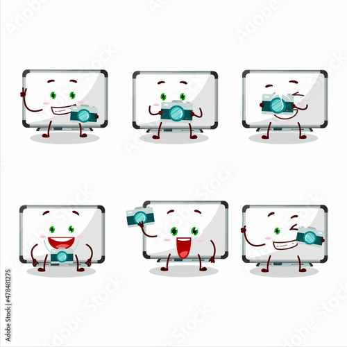 Photographer profession emoticon with white board cartoon character