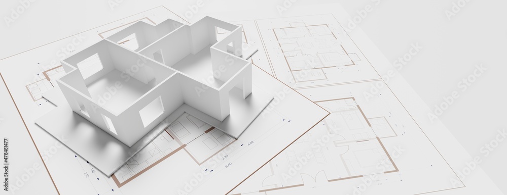 Architecture design, residential building model on blueprint plan, 3d illustration - obrazy, fototapety, plakaty 