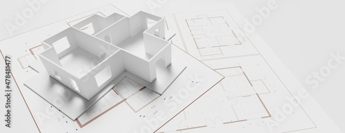 Leinwand Poster Architecture design, residential building model on blueprint plan, 3d illustrati