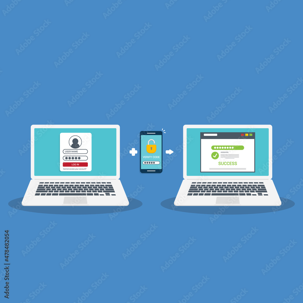 Two factor authentication password secure notice login verification or sms with push code message icon in smartphone phone and laptop computer. Two factor authentication password secure notice login verification or sms with push code message icon in smartphone phone and laptop computer.