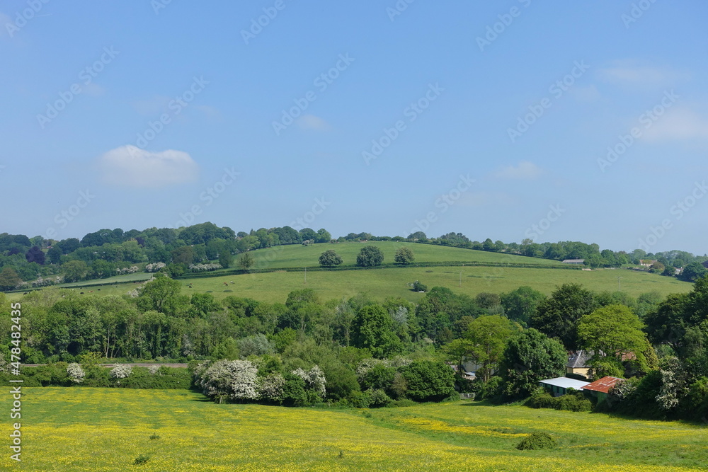 Scenic view of a green fields in the rolling English countryside - England is known for its picturesque green landscapes