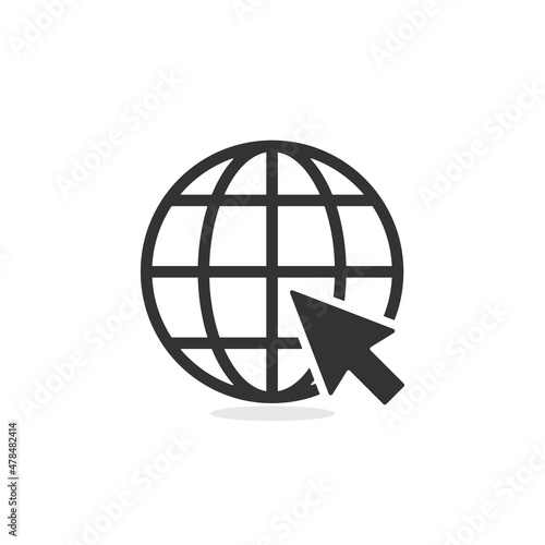 Internet online go to web connection, arrow to click symbol, click icon global networking.