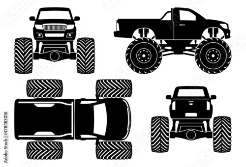 Monster truck silhouette on white background. Bigfoot car monochrome icons set view from side, front, back, and top