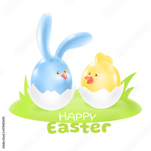 Easter card with a rabbit and a chicken in an egg in a meadow. Congratulation or invitation to the traditional holiday Happy Easter. Grass, blue hare and yellow bird isolated on white background