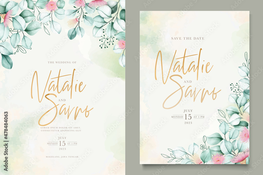 Obraz premium elegant eucalyptus leaves wedding invitation card set