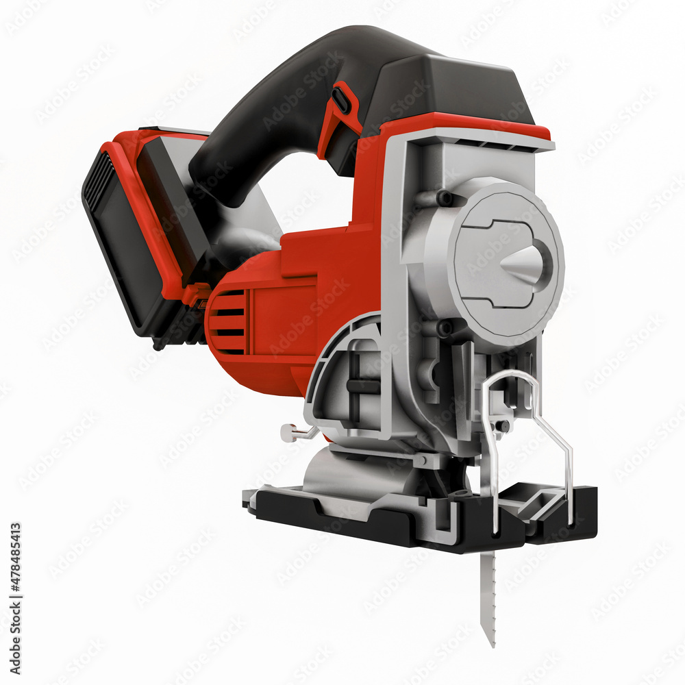 The tool is a red electric jigsaw on a white isolated background. 3d rendering. The tool is a red electric jigsaw on a white isolated background. 3d rendering.