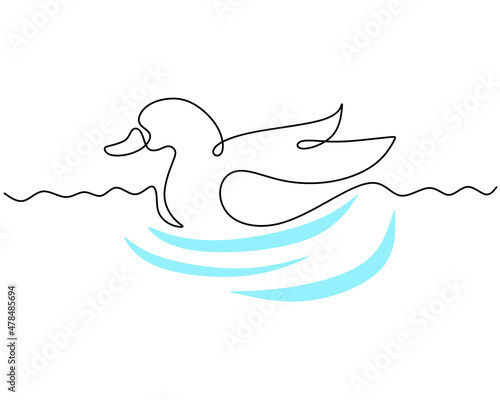 One continuous single line of wood duck swimming in river. Famous bird line art isolated on white background.