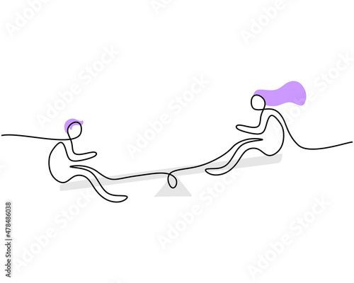 One continuous single line of couple playing on a seesaw for valentine day isolated on white background.