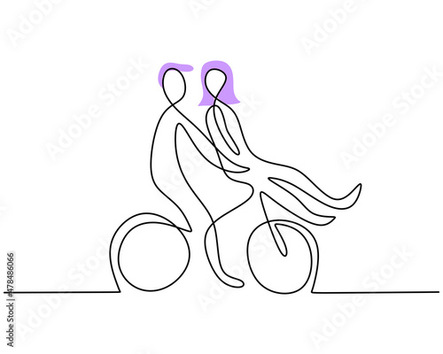 One continuous single line of boy rides his girl on bicycle for valentine day isolated on white background.