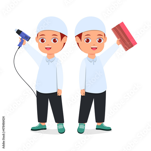 Cute boy posing while holding hot air gun and rackel handle for screen printing