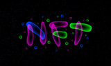 Neon NFT text design. Nft art typography background with neon transparent fluid particles.