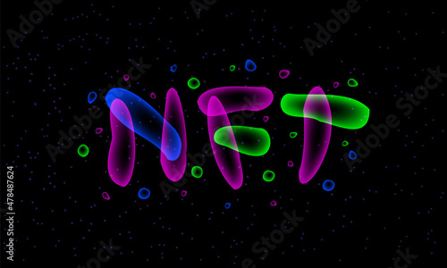 Neon NFT text design. Nft art typography background with neon transparent fluid particles.
