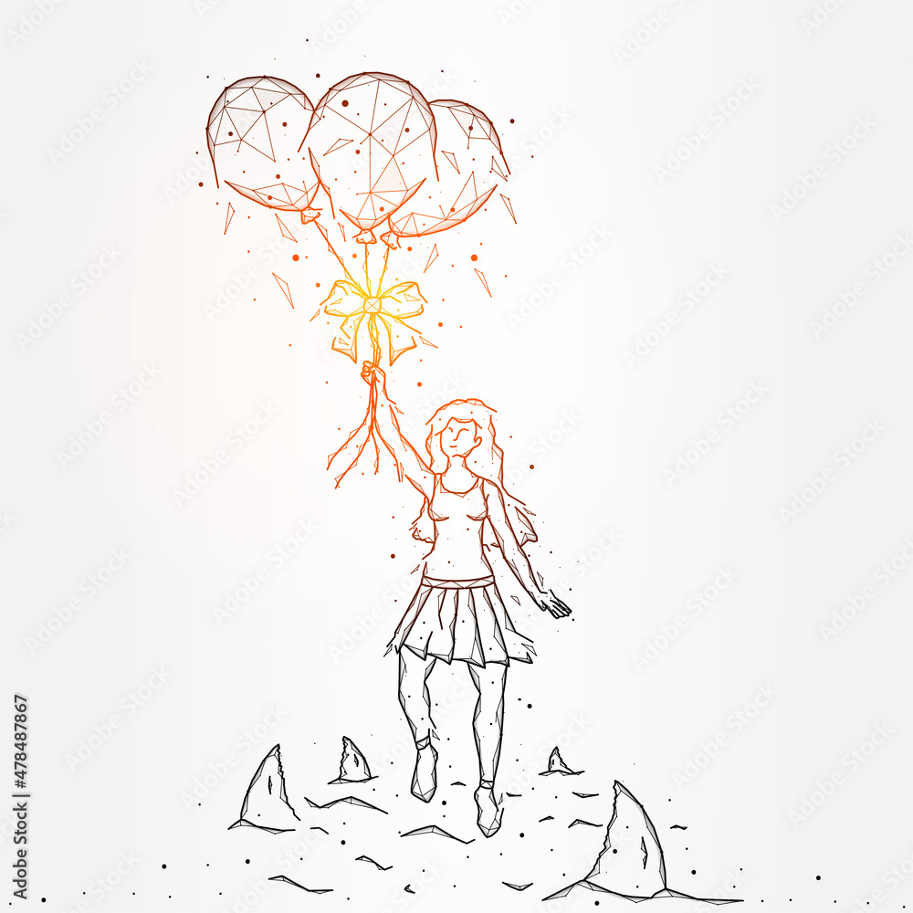 Abstract vector illustration of a girl with balloons surrounded by sharks, a woman escapes from sharks. Escape from problems concept artwork. Abstract vector illustration of a girl with balloons surrounded by sharks, a woman escapes from sharks. Escape from problems concept artwork.