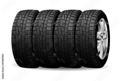 Winter tire. Winter car wheel isolated vector set. Snow rubber for truck, bus vehicle,fast professional transport. Tire stack front view illustration for sale or vulcanization service