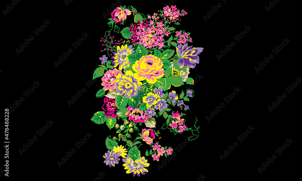 Embroidered luxurious bouquet with pink roses Vintage style handmade vector on black background