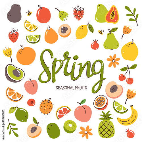 Seasonal fruits background. Spring fruit composition made of colorful hand-drawn vector icons  isolated on white background.