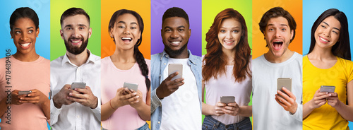Dating App. Diverse Young People With Smartphones In Hands Over Colorful Backgrounds