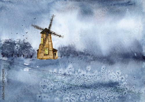 Fototapeta Naklejka Na Ścianę i Meble -  Watercolor illustration of a windmill on a gray-blue meadow with a fence and a strip of trees on the horizon