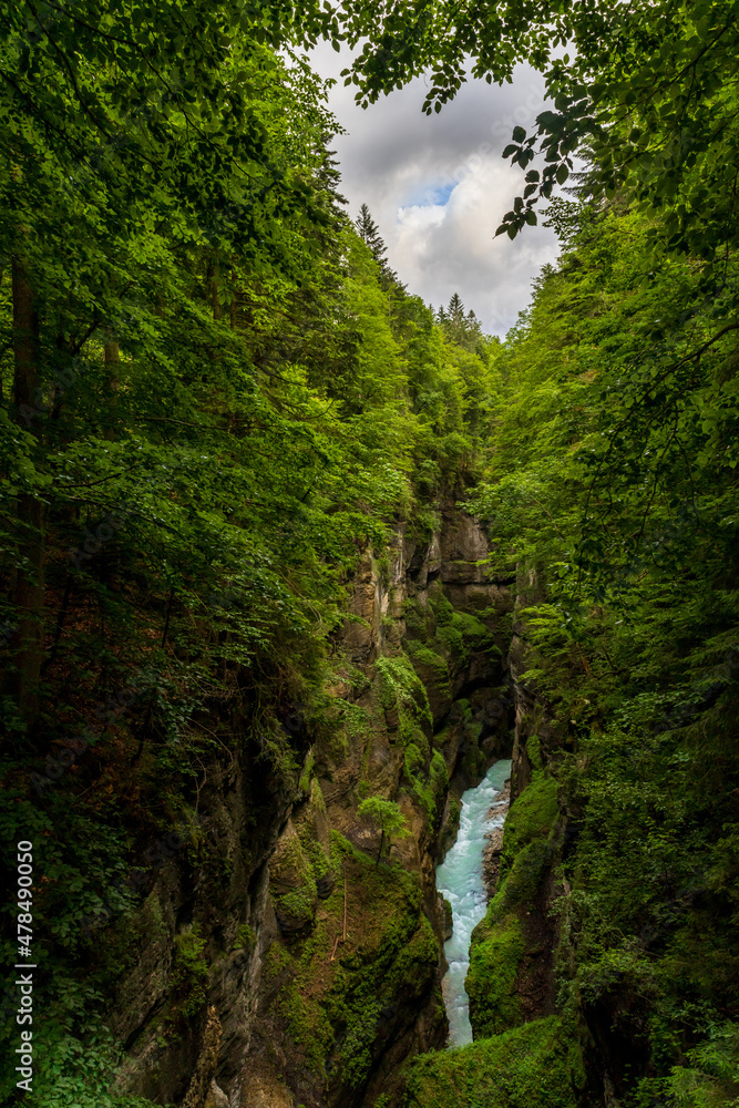 Water flowing through a narrow canyon with beautiful green trees along each side with clouds in the background