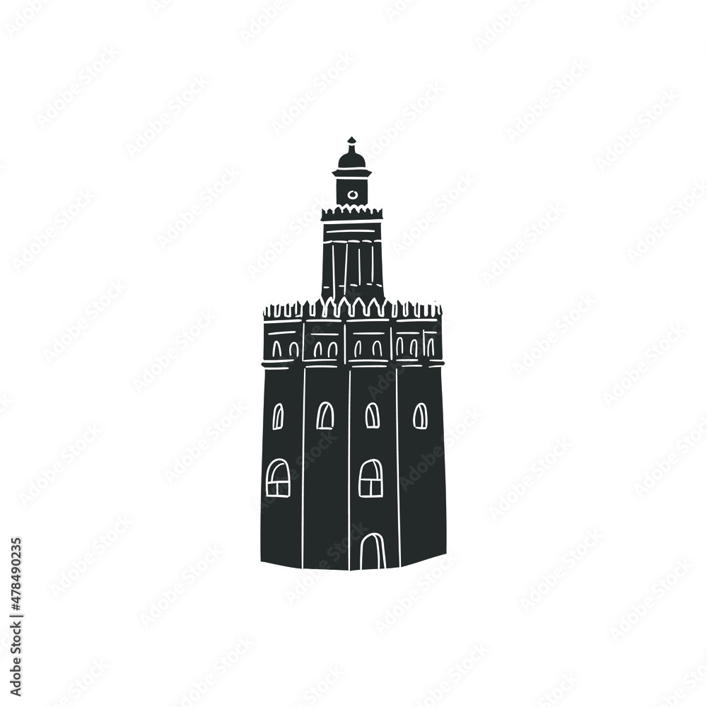Obraz premium Golden Tower Sevilla Icon Silhouette Illustration. Architecture Tourism Spain Vector Graphic Pictogram Symbol Clip Art. Doodle Sketch Black Sign.