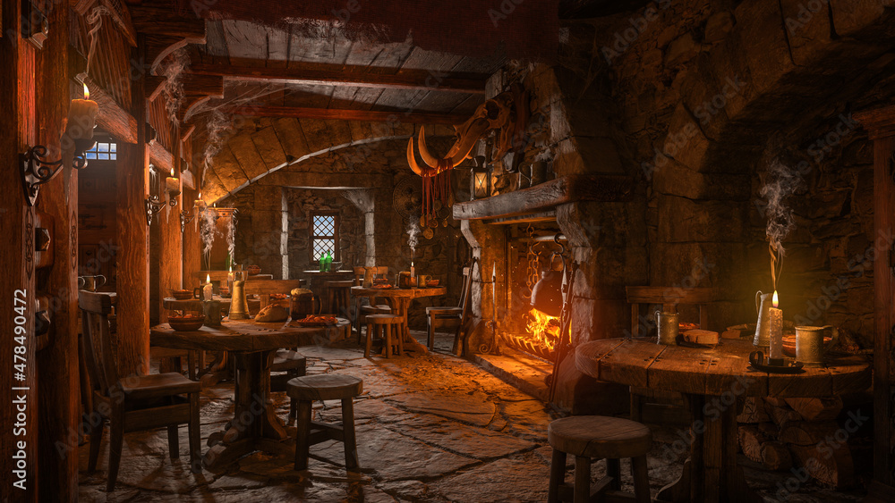 Fototapeta premium Dark moody medieval tavern inn interior with food and drink on tables, burning open fireplace, candles and daylight through a window. 3D illustration.