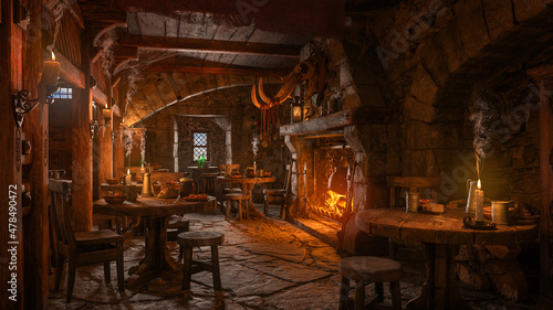 Fotografia Dark moody medieval tavern inn interior with food and drink on tables, burning open fireplace, candles and daylight through a window