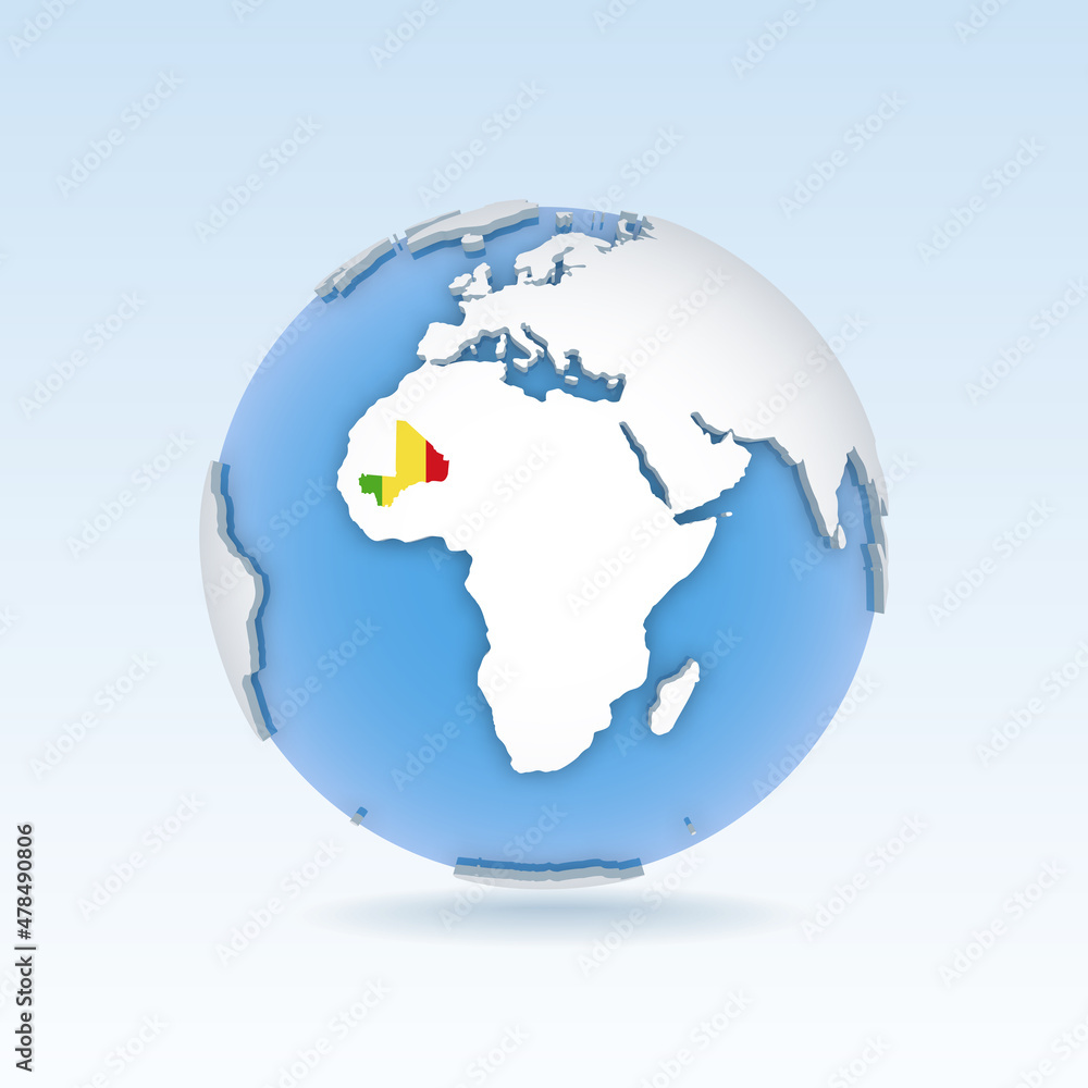 Mali - country map and flag located on globe, world map.