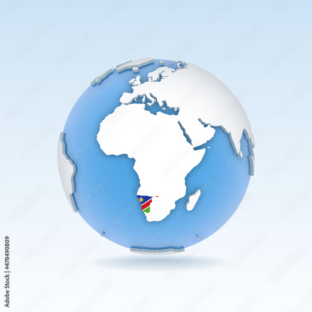Namibia - country map and flag located on globe, world map. Namibia - country map and flag located on globe, world map.