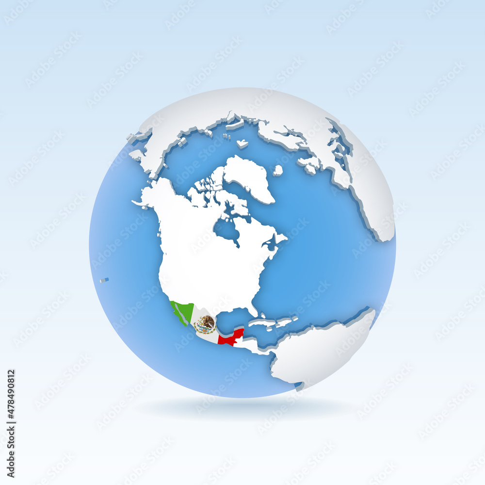 Mexico - country map and flag located on globe, world map.