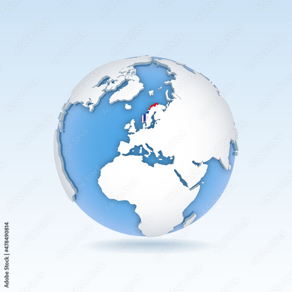 Norway - country map and flag located on globe, world map.