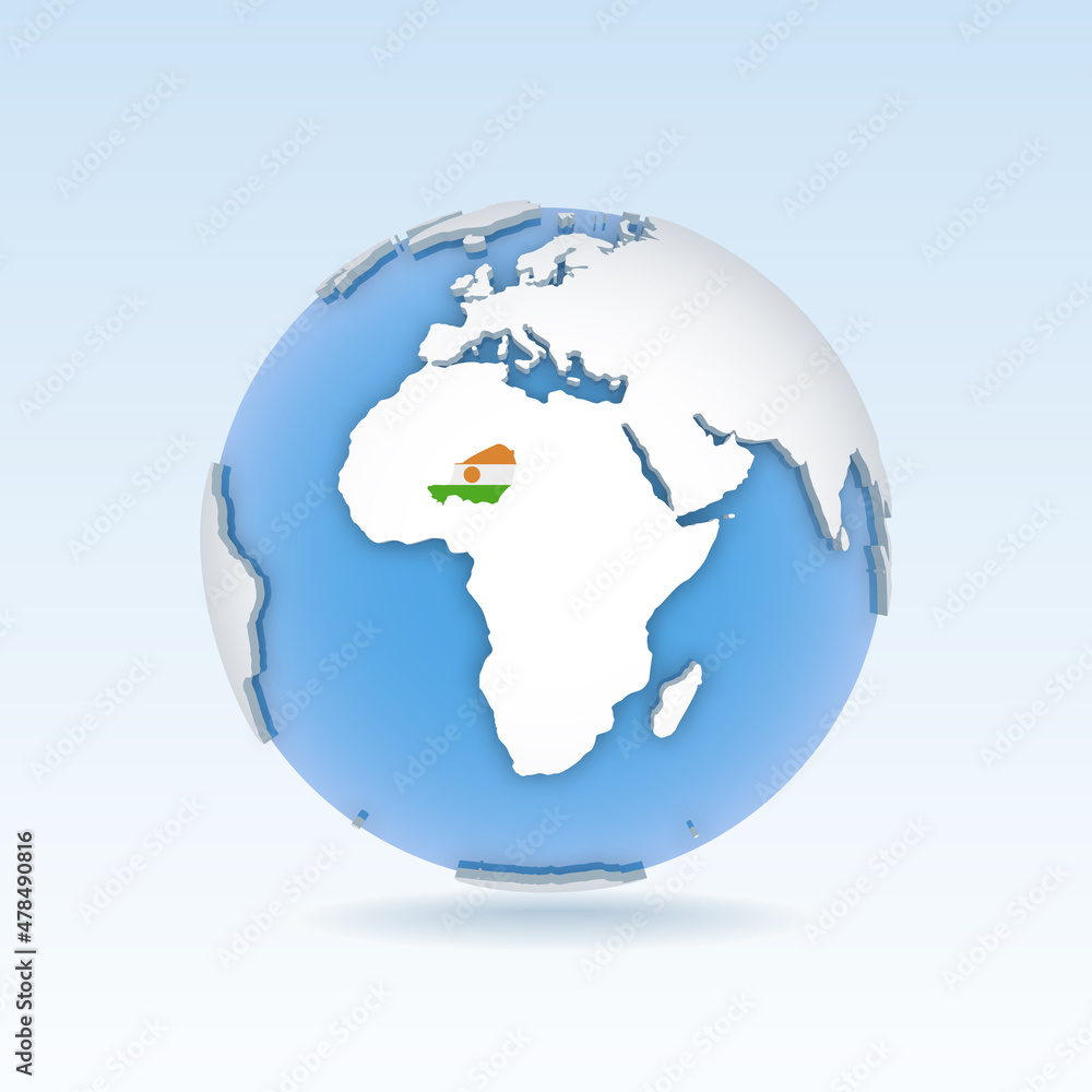 Niger - country map and flag located on globe, world map. Niger - country map and flag located on globe, world map.