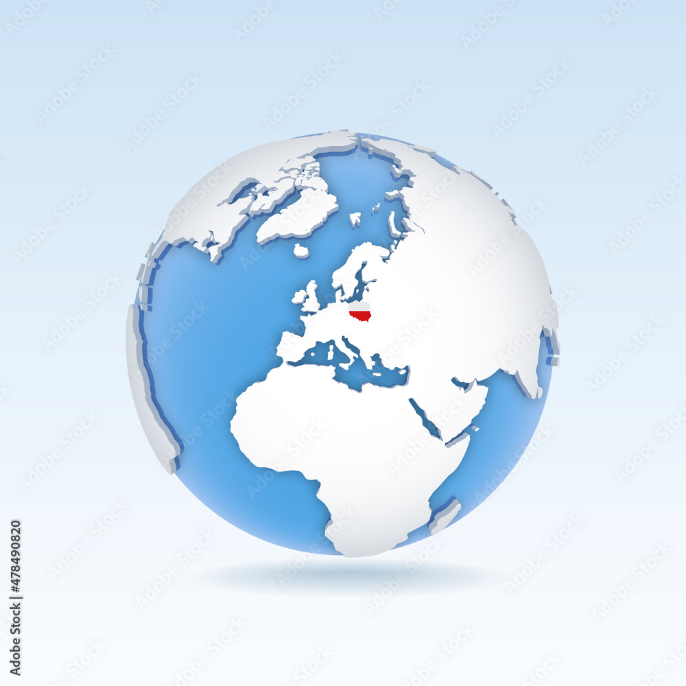 Poland - country map and flag located on globe, world map. Poland - country map and flag located on globe, world map.