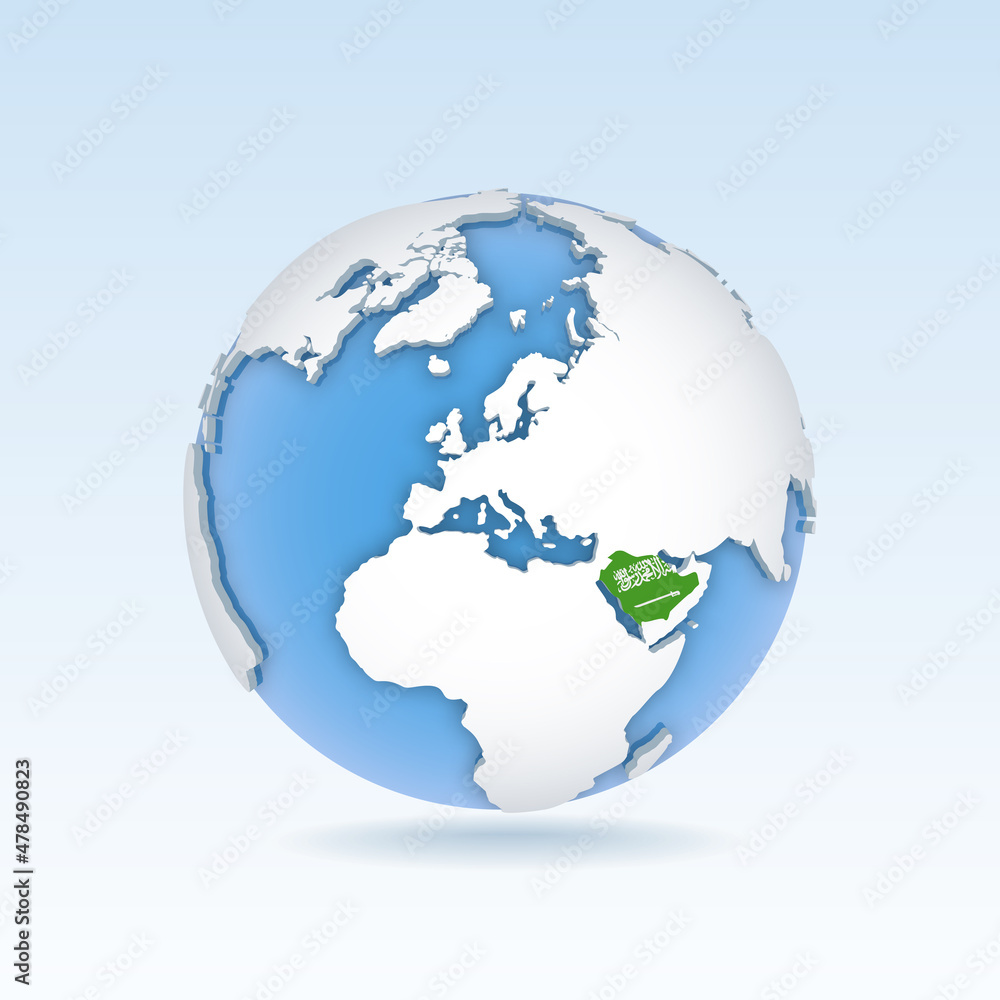 Saudi Arabia - country map and flag located on globe, world map. Saudi Arabia - country map and flag located on globe, world map.