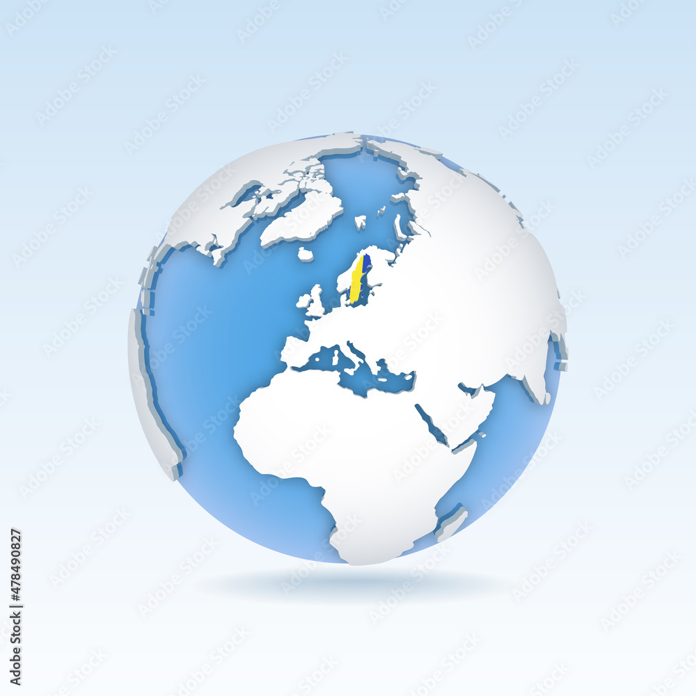 Sweden - country map and flag located on globe, world map. Sweden - country map and flag located on globe, world map.