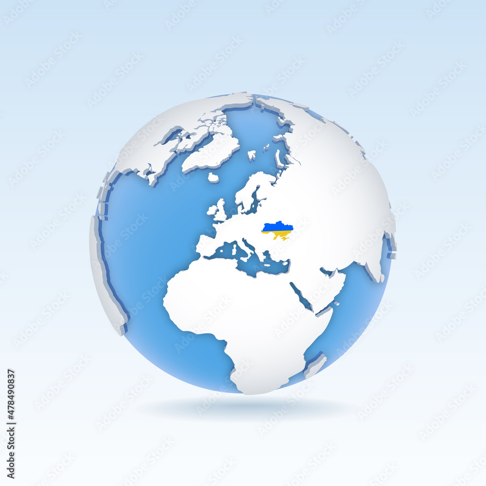 Ukraine - country map and flag located on globe, world map.