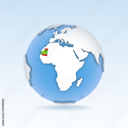 Mauritania - country map and flag located on globe  world map.