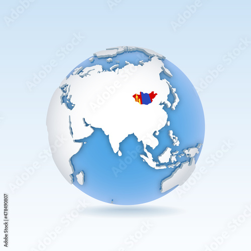 Mongolia - country map and flag located on globe  world map.