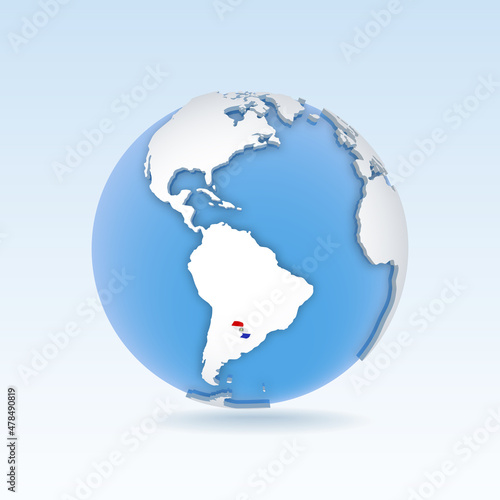 Paraguay - country map and flag located on globe, world map.