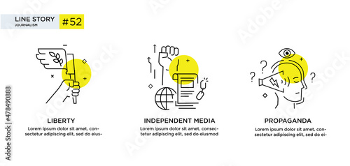 Set of illustrations icons propaganda, free media, protest, investigation