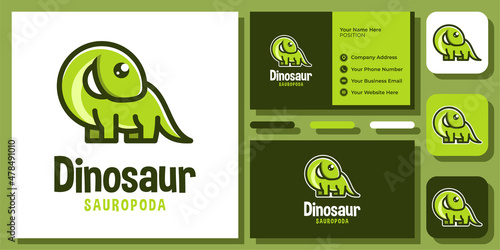 Cute Dinosaur Sauropod Animal Cartoon Funny Wildlife Nature Logo Design with Business Card Template