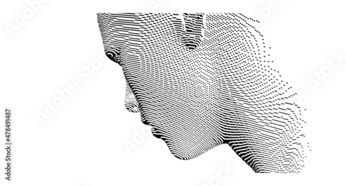 Abstract digital human head constructing from cubes. Minimalistic design for business presentations, flyers or posters. Technology and robotics concept. Voxel art. 3D vector illustration.