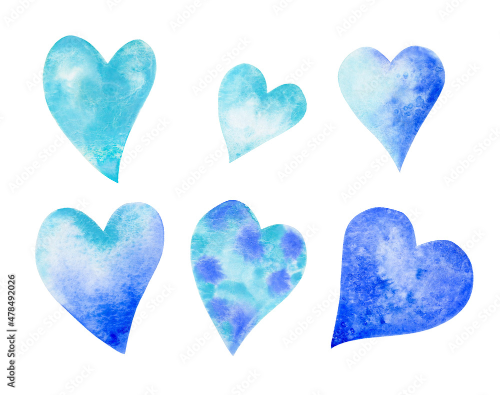 A set of watercolor hearts in blue and light blue. The heart-shaped sea. Watercolor illustration.