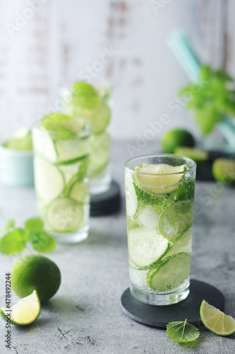 Mineral water with lime and cucumber 