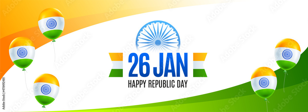 Wavy Indian flag design with balloons and Ashoka wheel for republic day