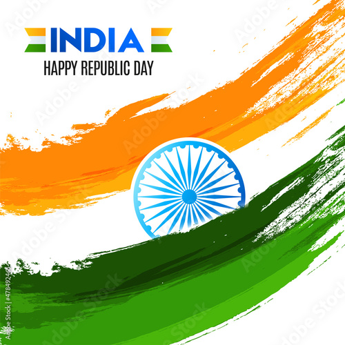 India Happy Republic Day text with ashoka wheel, saffron and green watercolor effect on white background