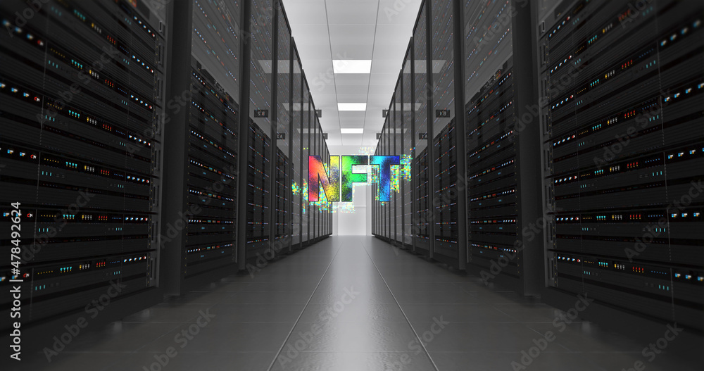 NFT Digital Artwork Symbol In Futuristic Modern Datacenter. NFT