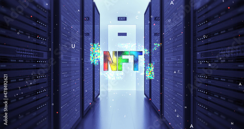 NFT Crypto Art Sign In Datacenter. Collectible Art. NFT Technology Art Related Illustration 3D Render.