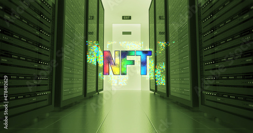 Digital Crypto Art NFT Symbol In Futuristic Datacenter. NFT Technology Art Related Illustration 3D Render.