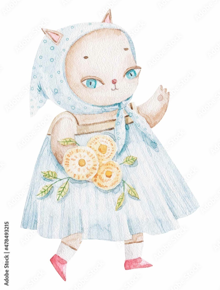 childish character, cute kitten in blue dress, watercolor illustration, print, easter design childish character, cute kitten in blue dress, watercolor illustration, print, easter design