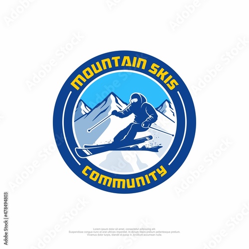Badge logo of the mountain ski community with snow and skiers